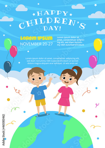 Happy children's day poster concept. Joyful kids standing on globe earth planet on background. Flat vector illustration isolated on white. International children holiday celebrating annually