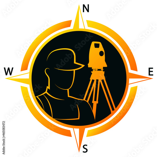 Wind rose and surveying instrument symbol. Land surveying and geodetic works