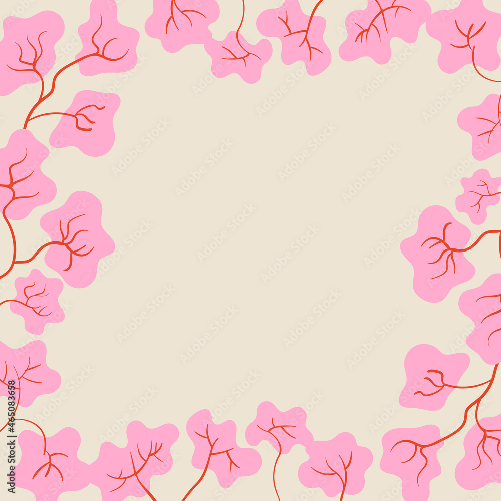 Pink frame with sakura flowers. Spring cherry blossom illustration. Japanese style. Invitation template