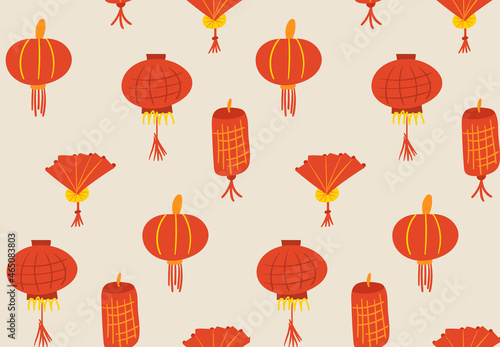 Seamless pattern in asian style with lanterns and fan. Vector colorful background