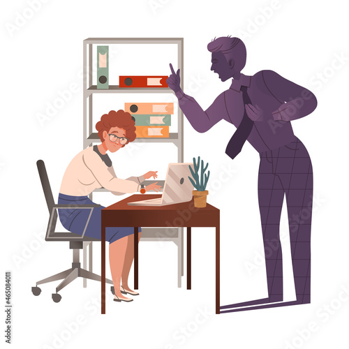 Furious chief yelling at female employee. Evil boss and stressed staff vector illustration