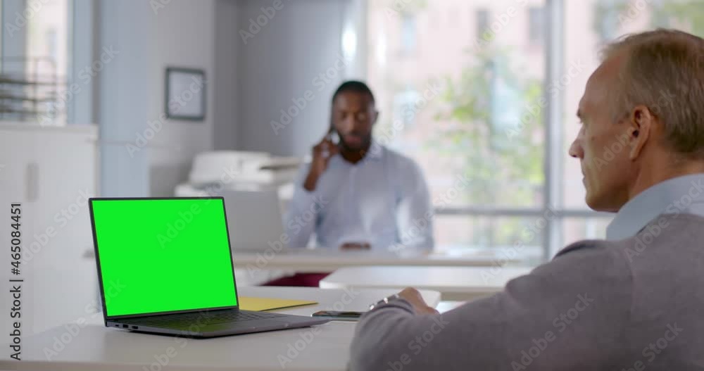 Mature businessman sitting at desk and looking at blank green screen on laptop Mature businessman sitting at desk and looking at blank green screen on laptop