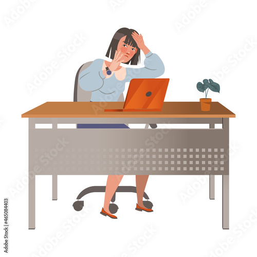 Depressed overworked female employee, office worker vector illustration