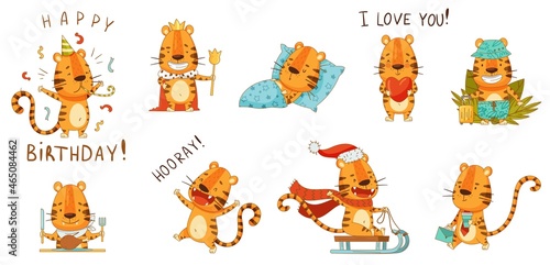 Cute baby tiger in different situations set. Funny adorable arctic animal character cartoon vector illustration