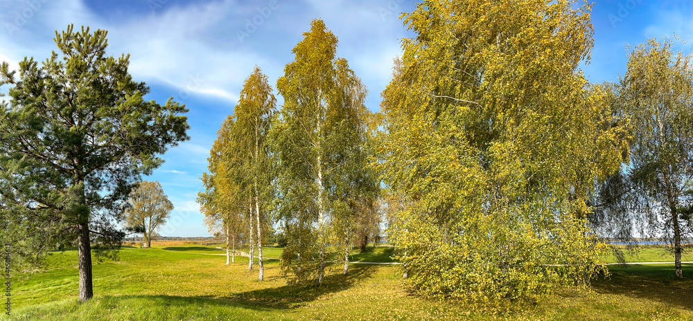 Panorama of sunny autumn landscape with beautiful meadow on the banks of Kisezers lake in Riga, Latvia.