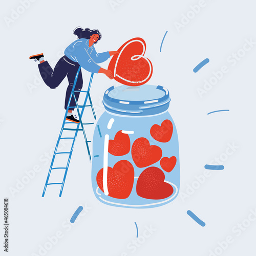 Vector illustration of woman collects a hearts in glass jar. Save love concept for Valentines Day concept. Likes in social media