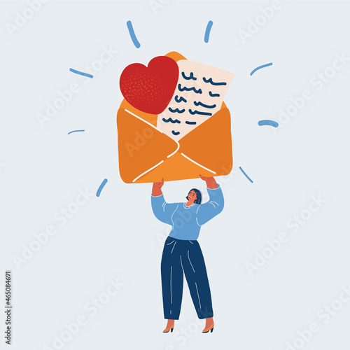 Vector illustration of woman resived some likes and message in social media or letter from a loved friend. photo