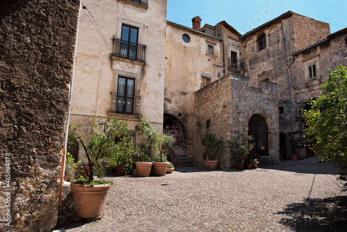 Castelvecchio Calvisio medieval town, square, steps, archs and medieval buidings.