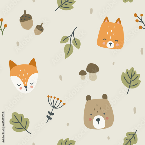 Cute summer forest animals head scandinavian pattern. Seamless texture for textile, fabric, apparel, wrapping, paper, stationery, nursery.