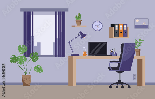 The concept of working at home. Room with desk with chair and laptop, cup of coffee and potted plants. Comfortable workspace. Color vector illustration flat style.