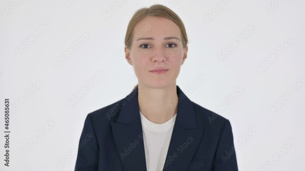 Thumbs Down Gesture by Young Businesswoman on White Background Thumbs Down Gesture by Young Businesswoman on White Background