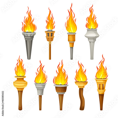 Torch with Brightly Burning Fire on Top as Ignited Light Source Vector Set