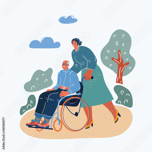 Vector illustration of Young woman social worker strolling with elder grey haired man in wheelchair.