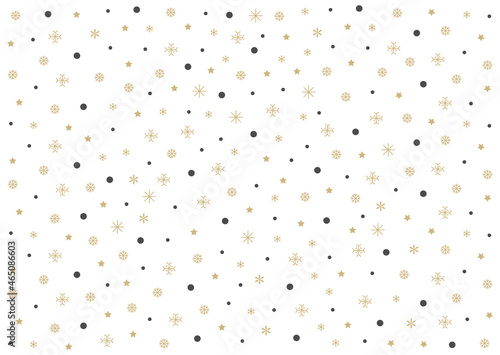Christmas pattern with winter ornaments, gold snowflakes and stars, design for Holidays decoration, wrapping paper, print, fabric or textile, Merry Christmas and Happy New Year, vector illustration