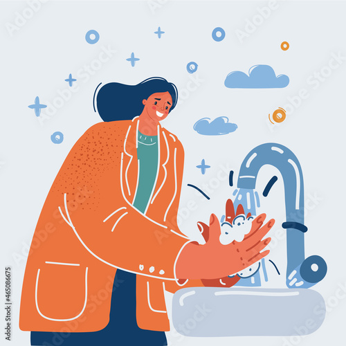 Vector illustration of young girl washing her hands