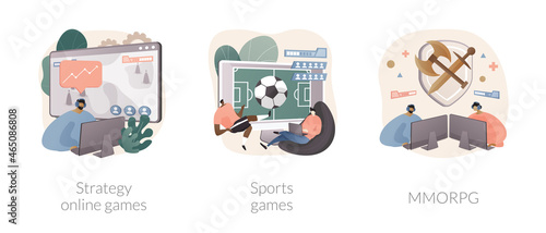 Playing computer games abstract concept vector illustrations.
