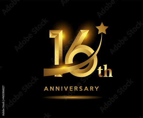 Golden 16 year anniversary celebration logo design with star symbol
