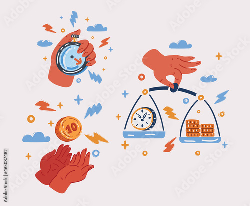 Vector illustration of Time is a money concept collection. Scales, money, stopwach and clock and hands