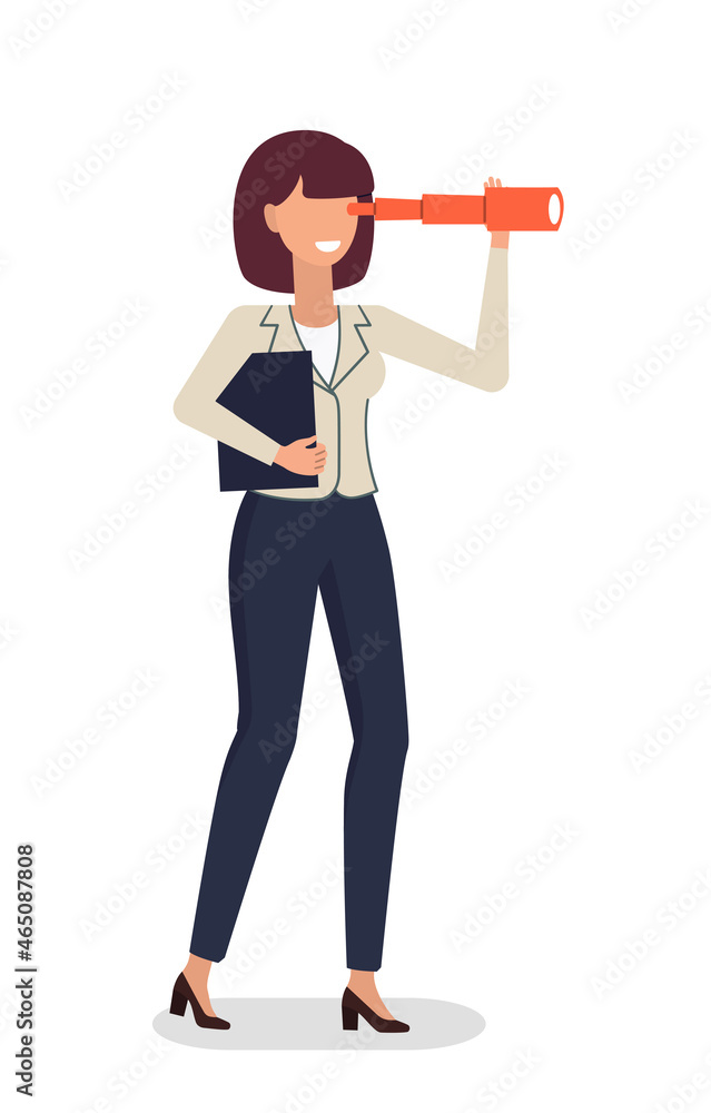 Business woman watching spyglass, business vision concept, future forecast. Business woman watching spyglass, business vision concept, future forecast.