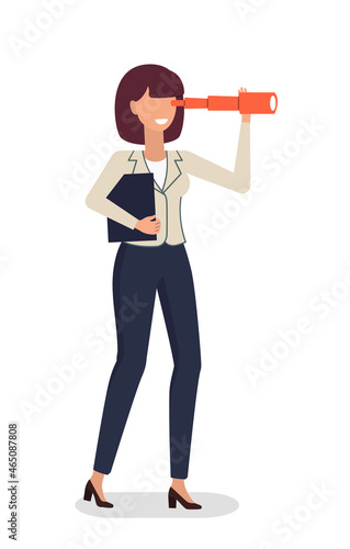 Business woman watching spyglass, business vision concept, future forecast.
