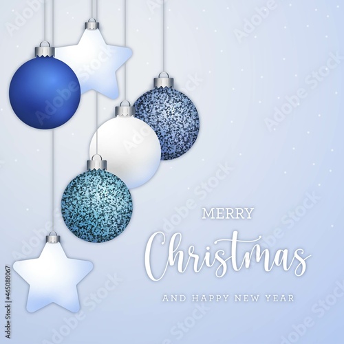 Christmas elegant postcard background with glittery hanging balls and stars