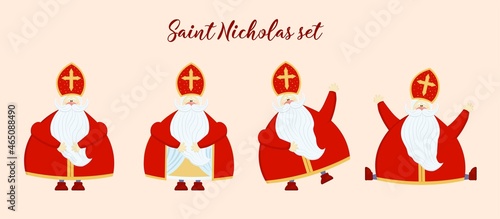 Saint Nicholas celebrate the holidays - isolated on white background. St. Nicholas character set.