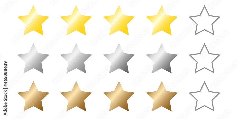 Star review rating vector icons. Collection of stars for different levels ratings gold, silver, bronze. Website product review stars. Rating Stars. Five stars customer product rating. Star review rating vector icons. Collection of stars for different levels ratings gold, silver, bronze. Website product review stars. Rating Stars. Five stars customer product rating.