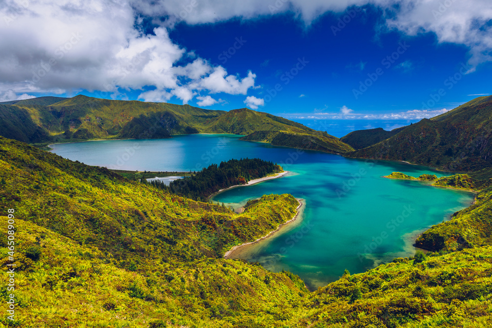 Azores panoramic view of natural landscape, wonderful scenic island of Portugal. Beautiful lagoons in volcanic craters and green fields. Tourist attraction and travel destination. Azores, Portugal.