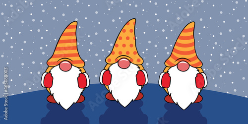 three cute christmas gnomes with funny caps