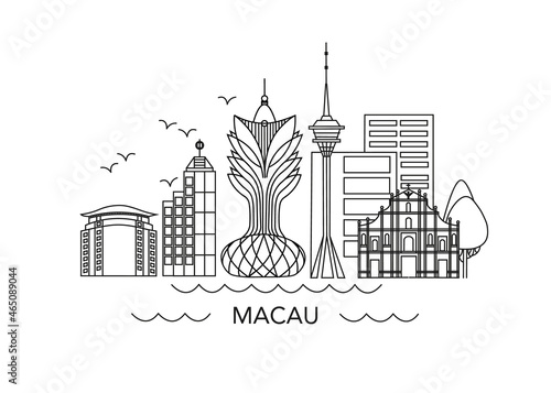 Macau lineart illustration. Macau, China line drawing. Modern style Macau city illustration. Hand sketched poster, banner, postcard, card template for travel company, T-shirt, shirt. Vector EPS 10