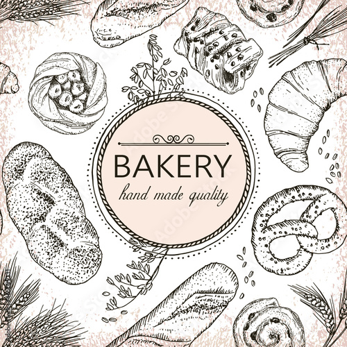 Vector seamless pattern with hand drawn bakery products and wheat. Template for bakery logo and banner. Perfect for design in vintage style.