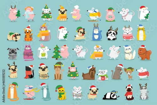 Christmas set of different animals and christmas symbol of the year tiger, rat, cat, dog with gifts and other