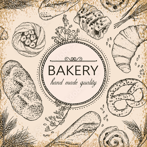 Vector seamless pattern with hand drawn bakery products and wheat. Template for bakery logo and banner. Perfect for design in vintage style.