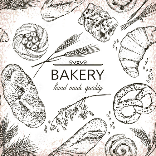 Vector seamless pattern with hand drawn bakery products and wheat. Template for bakery logo and banner. Perfect for design in vintage style.