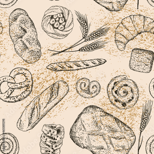 Vector seamless pattern with hand drawn bakery products and wheat. Template for bakery logo and banner. Perfect for design in vintage style.