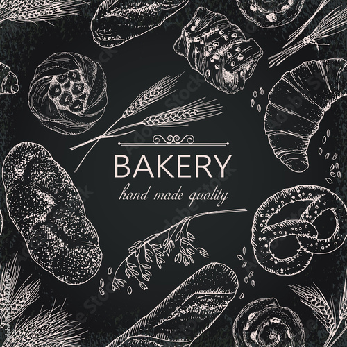 Vector seamless pattern with hand drawn bakery products and wheat. Template for bakery logo and banner. Perfect for design in vintage style.
