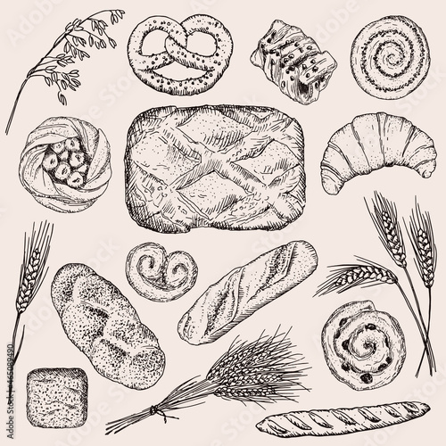 Hand drawn vector set in vintage style. Sketch of fresh bakery products: bread, croissant, baguette, cookies; biscuits; brioche; pretzel; strudel
