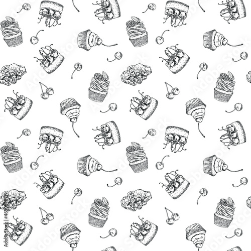 Vector seamless pattern with hand drawn outline cheesecake and cupcake with fresh berries. Can be used for printing, textiles, packaging paper and sweet bakery menu.