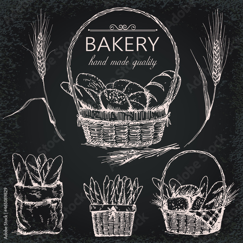 Set of sketch illustrations of bread basket and bakery products. Template for bakery banner. Vector illustration in vintage style.