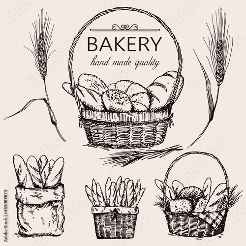 Set of sketch illustrations of bread basket and bakery products. Template for bakery banner. Vector illustration in vintage style.