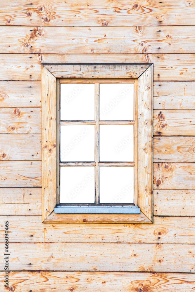 wooden window frame in plank wall isolated on white background wooden window frame in plank wall isolated on white background