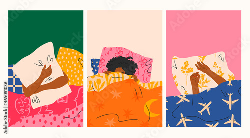 Female hands and head sticking out from under the blanket. Person sleeping under soft cozy blanket. Morning in bed, coziness, relaxation concept. Set of three Hand drawn trendy Vector illustrations