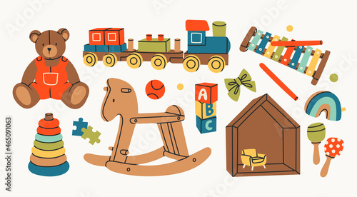 Various Toys for kids. Wooden train, rocking horse, teddy bear, toy cubes, xylophone, pyramid, doll house. Childhood, children games, preschool activities concept. Hand drawn Vector set