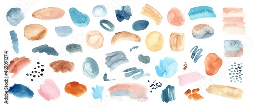 Set of various watercolor forms, washses, splotches, abstract design elements. Colorful backgrounds, textures.