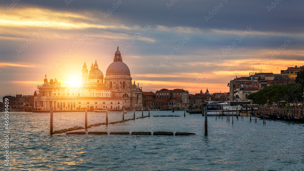 Venice Grand canal, Basilica Santa Maria della Salute in Venice, Italy. Architecture and landmarks of Venice. Venice postcard