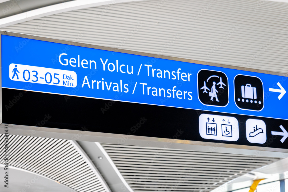 Airport transfer sign - immigration sign and international flight transfer information sign / icon at airport in English and Turkish Airport transfer sign - immigration sign and international flight transfer information sign / icon at airport in English and Turkish