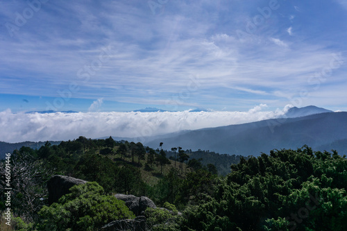 Tierra de volcanes: Monte Tláloc, volcán Iztaccíhuatl, volcán Popocatépetl y Cumbres del Ajusco desde el Parque Nacional Desierto de los Leones. 