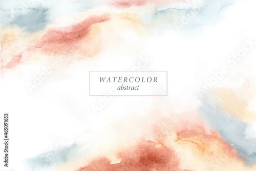 Abstract horizontal watercolor background. Colorful hand painted stains in beige, yellow, ivory, pink, blue, grey