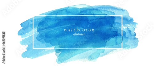 Frame, place for text with blue watercolor background. Hand painted brush strokes, smudges, stains.