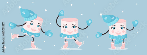 Funny marshmallows characters on winter background.  Cute cartoon abstract figures of sweets in winter clothes. Packaging, Wrapping paper, postcards for Christmas, New Year. Vector illustration